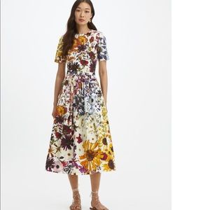Oscar de la Renta Floral Pleated Cotton-Blend Midi A-line Dress, NWOT